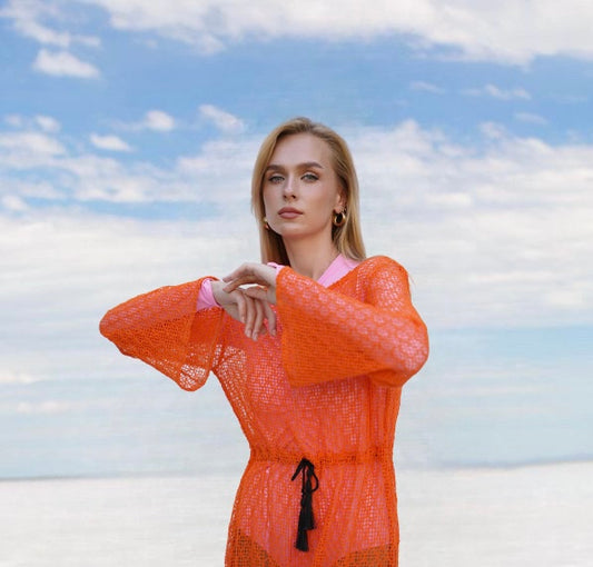 Breezy Crochet knit Coverup Dress-Orange